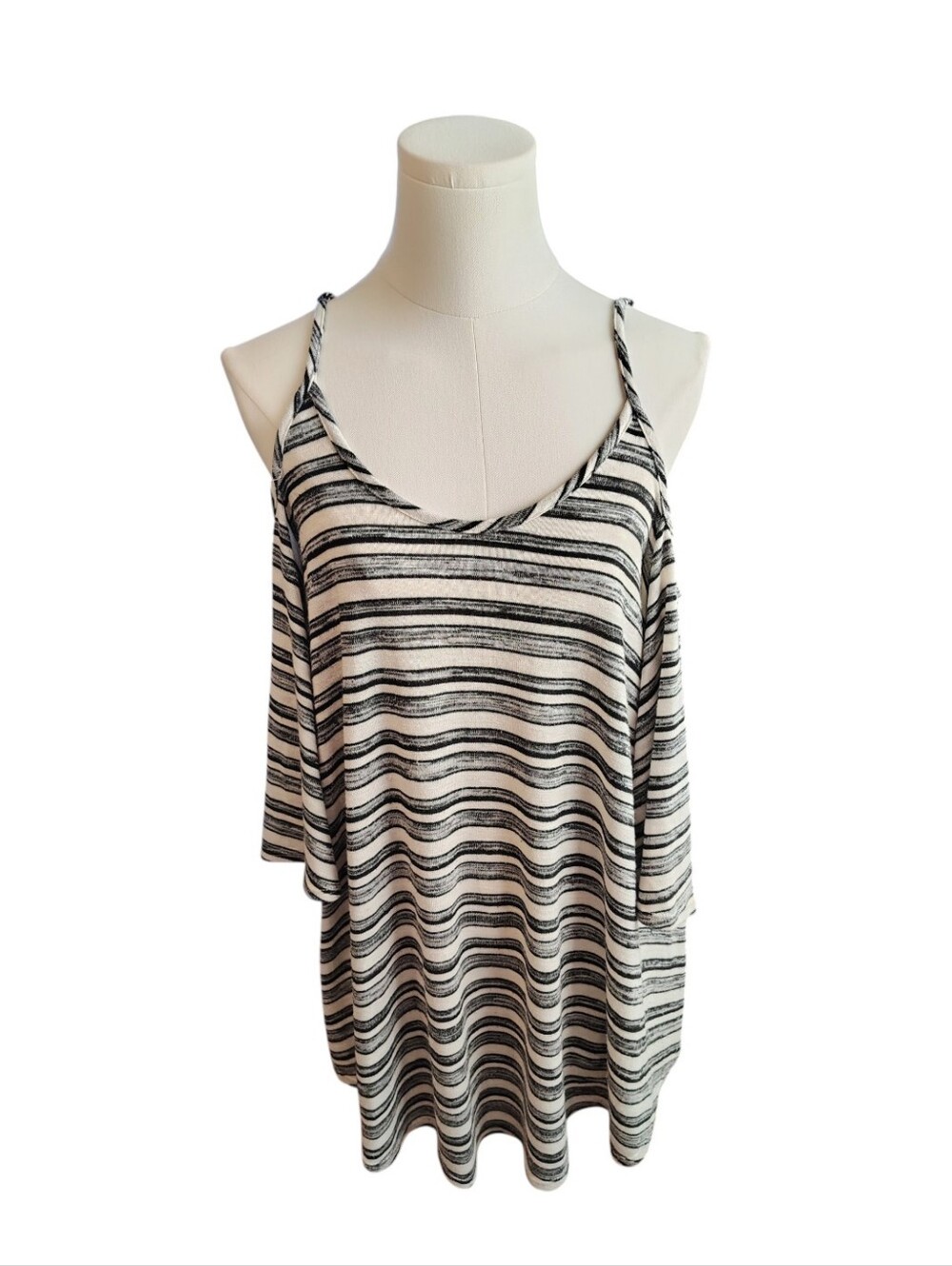 Audrey 3+1 Black & White Striped Cold Shoulder Spaghetti Strap Blouse Size Large